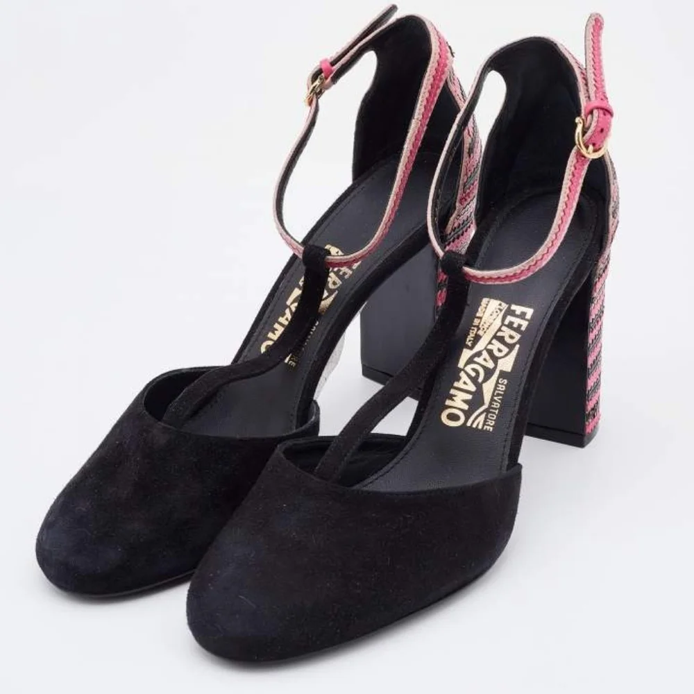 Salvatore Ferragamo Black/Pink Suede And Leather Fergie T-Strap Pumps - Picture 2 of 13